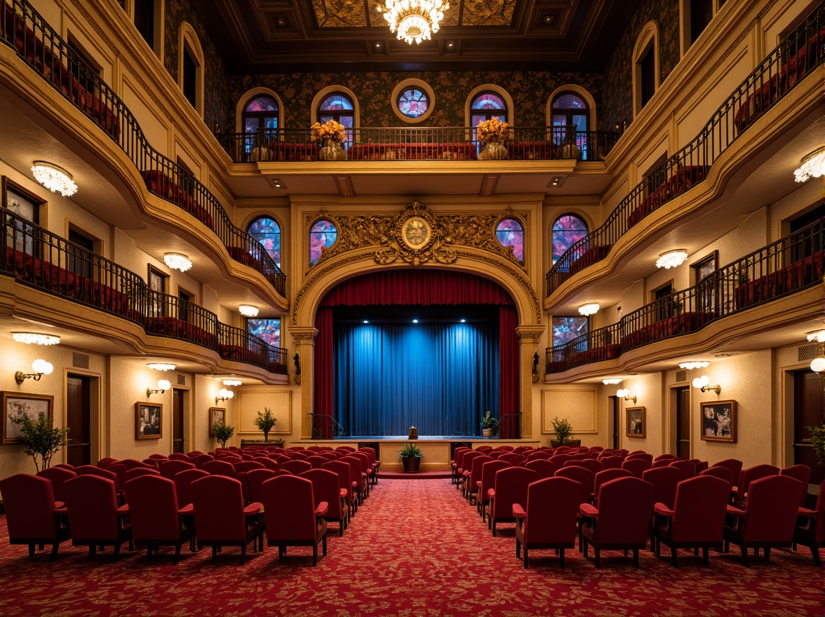 Prompt: Historic theater building, ornate facade, grand entrance, academic architectural style, colored glass windows, stained glass patterns, intricate stone carvings, classic columns, rusticated base, ornamental metalwork, vibrant red carpet, luxurious chandeliers, dramatic spotlights, rich velvet curtains, gilded frames, elegant balconies, soft warm lighting, shallow depth of field, 3/4 composition, symmetrical view, realistic textures, ambient occlusion.