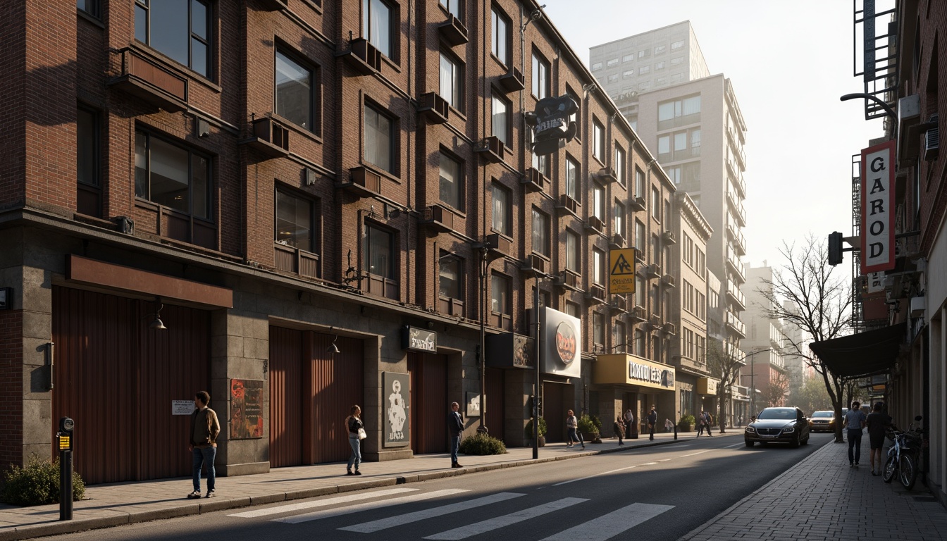 Prompt: Rustic warehouse facade, exposed brick walls, metal cladding, industrial windows, steel beams, wooden accents, distressed finishes, urban cityscape, busy streets, morning fog, soft warm lighting, shallow depth of field, 1/1 composition, realistic textures, ambient occlusion, worn concrete sidewalks, vintage signage, eclectic street art, overhead cranes, functional pulleys.