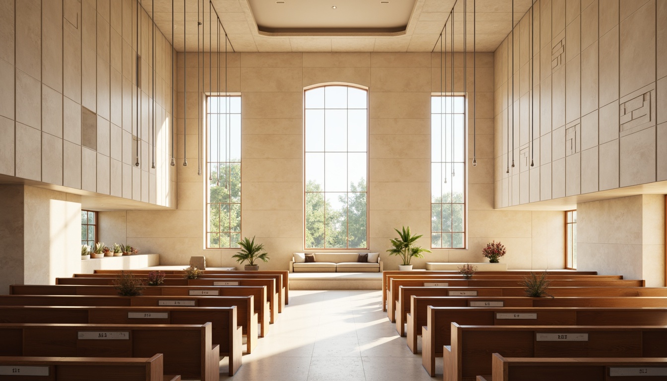 Prompt: Minimalist worship space, cream-colored stone walls, polished wooden pews, stained glass windows, subtle natural light, elegant chandeliers, neutral color scheme, sleek metal accents, modern angular lines, simplistic architecture, serene ambiance, peaceful atmosphere, abstract spiritual symbols, gentle warm lighting, shallow depth of field, 1/1 composition, realistic textures, ambient occlusion.