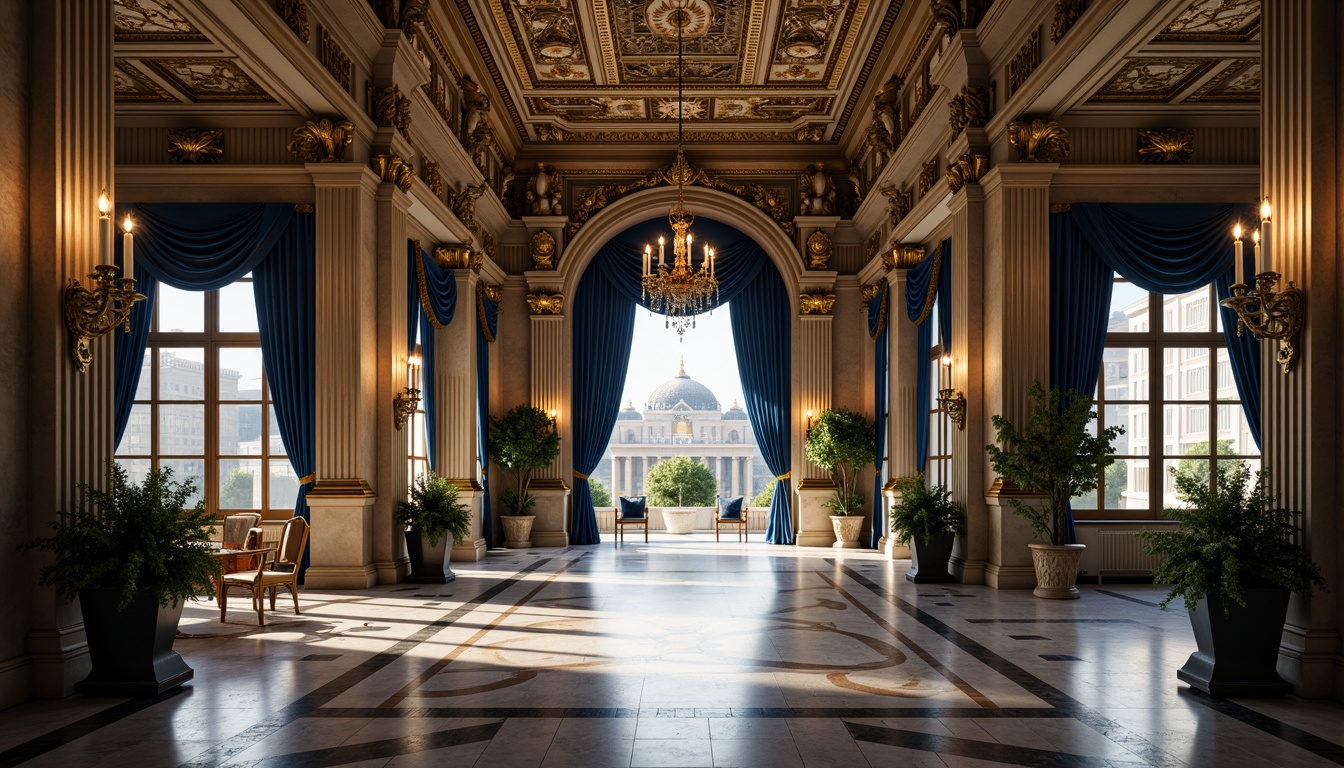 Prompt: Majestic buildings, grand entrance halls, Prussian blue accents, golden ornate details, rich velvet drapes, luxurious marble floors, high ceilings, intricate moldings, Baroque architecture, ornate facades, symmetrical compositions, dramatic lighting effects, warm candlelight, soft focus, shallow depth of field, 1/1 composition, realistic textures, ambient occlusion.