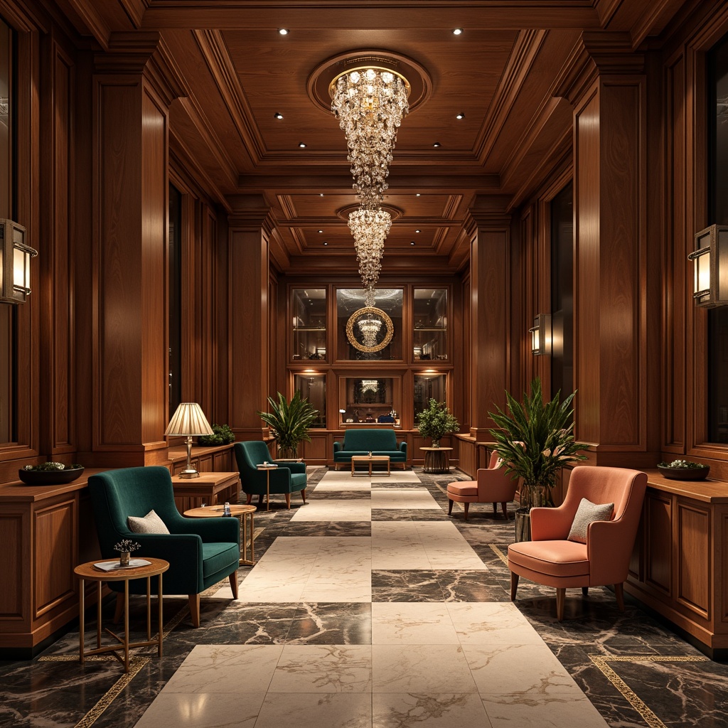 Prompt: Luxurious interior space, rich wood tones, polished marble floors, velvety soft furnishings, metallic accents, crystal chandeliers, ambient warm lighting, shallow depth of field, 1/1 composition, realistic textures, subtle reflections, intricate patterns, high-end materials, opulent decorations, sophisticated color palette, elegant atmosphere.