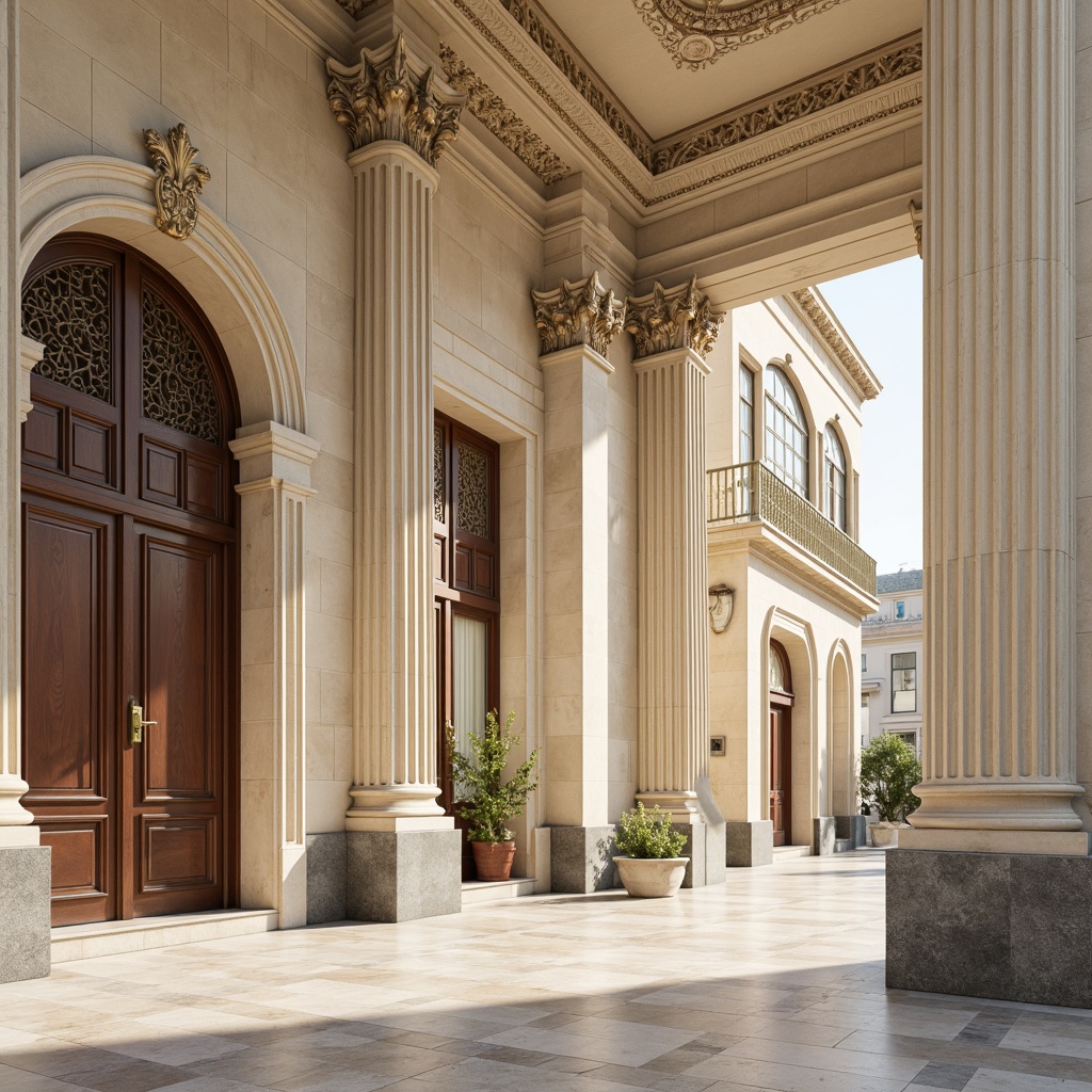 Prompt: Elegant columns, ornate capitals, fluted shafts, Ionic volutes, classic pediments, grand entranceways, symmetrical facades, cream-colored marble, polished granite bases, intricate carvings, ornamental moldings, subtle arches, rusticated quoins, stately proportions, natural light, soft warm glow, shallow depth of field, 2/3 composition, harmonious textures, ambient occlusion.Please let me know if this meets your requirements!