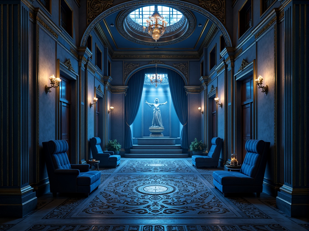 Prompt: Rich Prussian blue accents, majestic architectural columns, ornate metal details, grand entranceways, luxurious interior spaces, velvet drapes, regal throne-like chairs, opulent chandeliers, intricate stone carvings, Baroque-inspired ornamentation, dramatic lighting effects, high-contrast shadows, 1/2 composition, cinematic atmosphere, realistic reflections, ambient Occlusion.