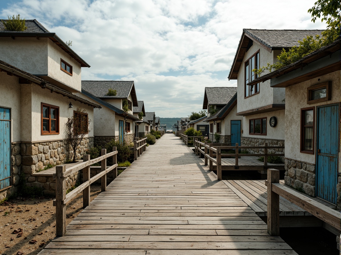 Prompt: Weathered wooden docks, rusty metal railings, salt-resistant materials, driftwood accents, ocean-battered stone walls, seaweed-covered roofs, beachy color palette, sandy textures, coastal breeze, cloudy sky, soft warm lighting, shallow depth of field, 3/4 composition, panoramic view, realistic water effects, ambient occlusion.