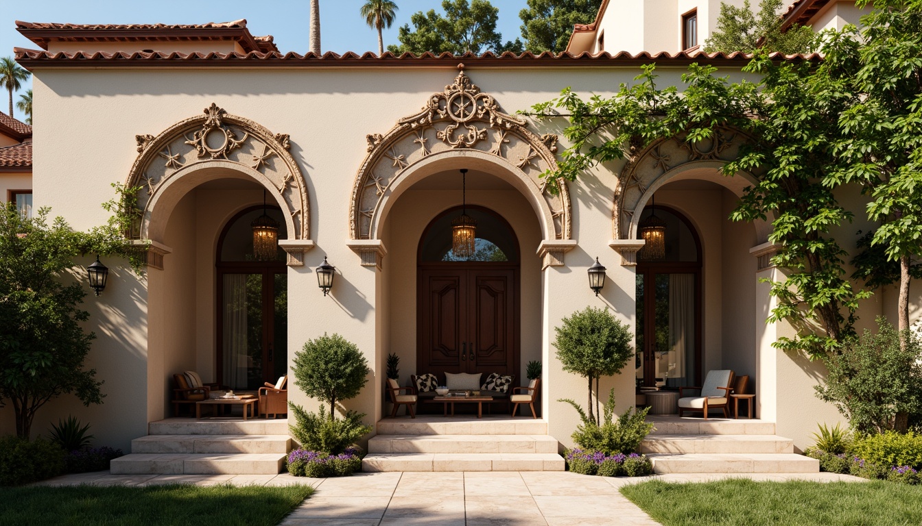 Prompt: Renaissance-style building facade, ornate stone carvings, rustic granite walls, intricately designed arches, grand entranceways, polished marble floors, opulent chandeliers, lavish furnishings, Tuscan columns, terracotta rooftops, verdant ivy climbing, warm afternoon sunlight, soft diffused lighting, 1/1 composition, realistic textures, ambient occlusion.