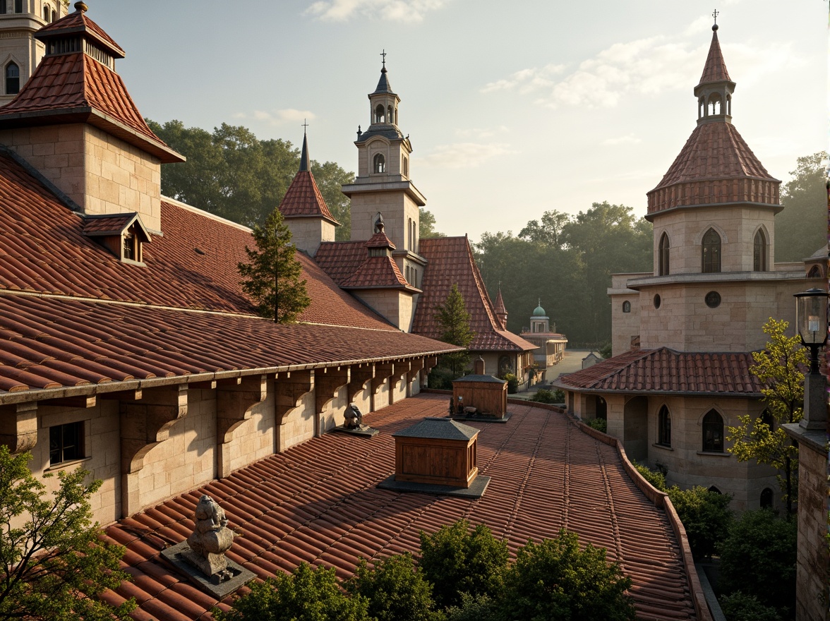 Prompt: Ornate Romanesque roof, curved terracotta tiles, rustic stone walls, grandiose arches, intricate carvings, ornamental gargoyles, weathered copper gutters, decorative chimneys, majestic bell towers, lush greenery, sunny afternoon, warm golden lighting, shallow depth of field, 1/1 composition, realistic textures, ambient occlusion.