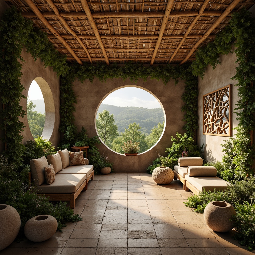 Prompt: Organic forms, botanical patterns, natural materials, earthy tones, woven textures, wooden accents, stone features, leaf-inspired designs, floral motifs, vines and tendrils, intricate details, 3D modeling, realistic renderings, warm ambient lighting, shallow depth of field, 1/1 composition, panoramic view, soft focus, serene atmosphere.