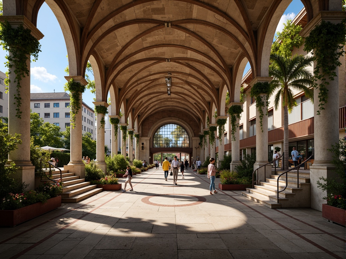 Prompt: Grand metro station, Romanesque arches, ornate columns, intricate carvings, rustic stone walls, vaulted ceilings, grand staircases, ornamental railings, lush greenery, vibrant flowers, natural stone flooring, warm lighting, shallow depth of field, 3/4 composition, panoramic view, realistic textures, ambient occlusion, urban cityscape, busy streets, modern amenities, historic architecture, beautiful fountains, scenic walkways.