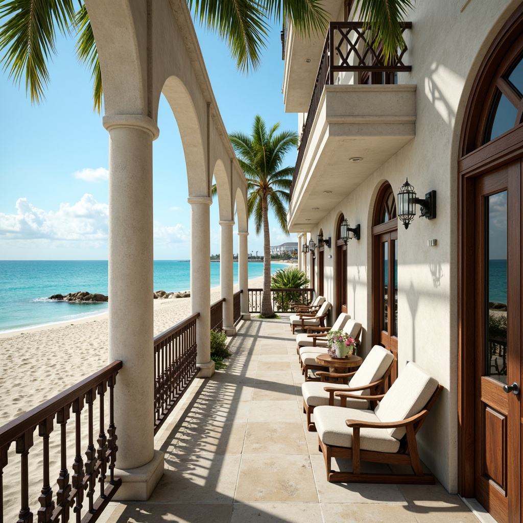 Prompt: Art Deco beachside villa, curved ornate balconies, geometric patterned railings, glossy white stucco walls, turquoise ocean views, palm tree-lined promenade, sun-kissed sandy beach, vintage nautical decorations, distressed wood accents, elegant metallic fixtures, ornate door handles, lavish chandeliers, opulent furnishings, high-contrast lighting, 1/2 composition, wide-angle lens, cinematic colors, intricate textures, ambient shadows.