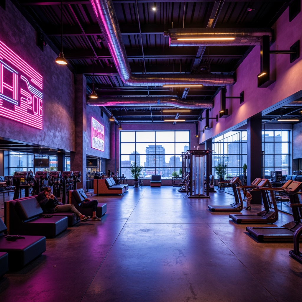 Prompt: Futuristic fitness club, industrial chic aesthetic, exposed metal beams, polished concrete floors, neon-lit corridors, strobe lights, dynamic LED installations, high-ceilinged spaces, angular lines, minimalist decor, bold color accents, sleek metallic equipment, modernist architecture, urban cityscape views, dramatic spotlights, low-hanging lamps, ambient glow, 1/2 composition, shallow depth of field, vibrant contrasting colors, abstract geometric patterns.