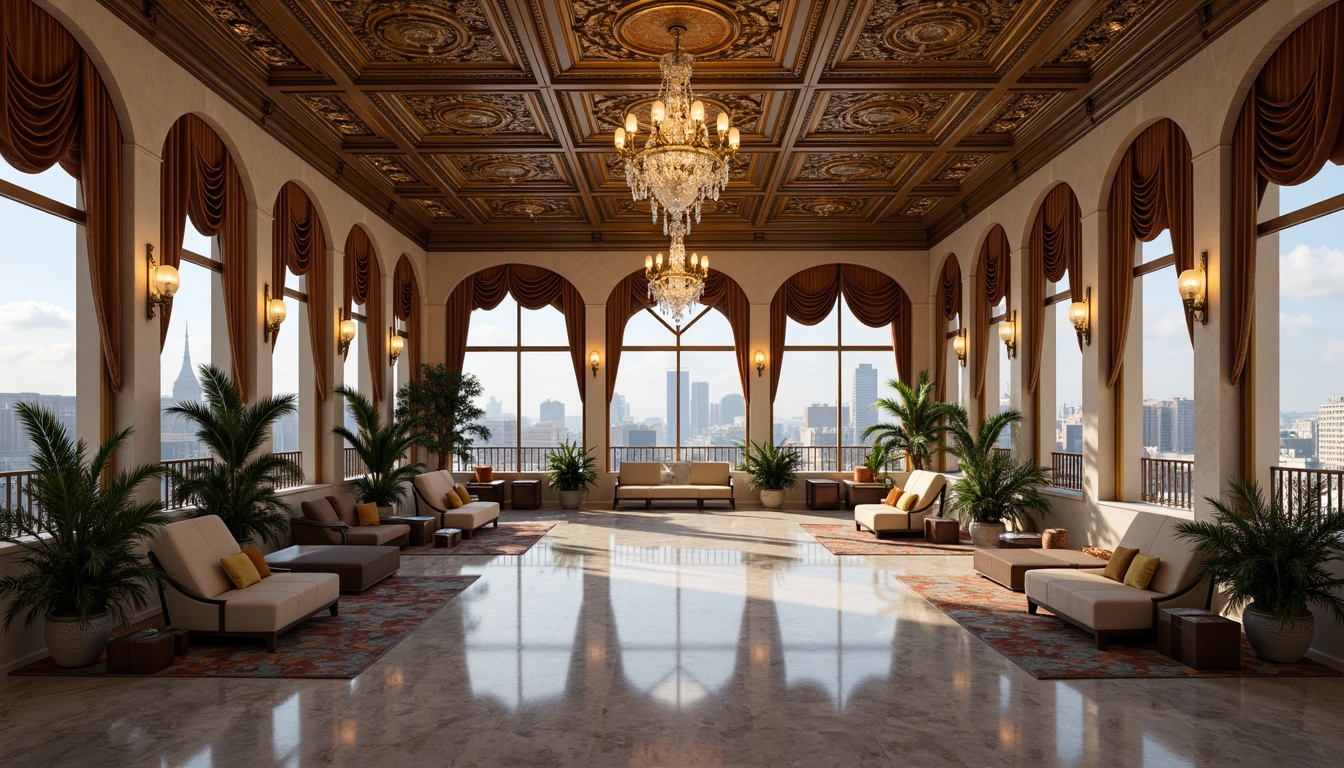 Prompt: Luxurious penthouse, symmetrical facade, Renaissance-inspired architecture, ornate details, grand entrance, sweeping staircases, opulent chandeliers, marble floors, high ceilings, panoramic city views, lavish furnishings, rich textiles, gold accents, intricate moldings, perfect bilateral symmetry, central axis, radial balance, harmonious proportions, warm ambient lighting, soft focus, 1/1 composition, shallow depth of field, realistic reflections.