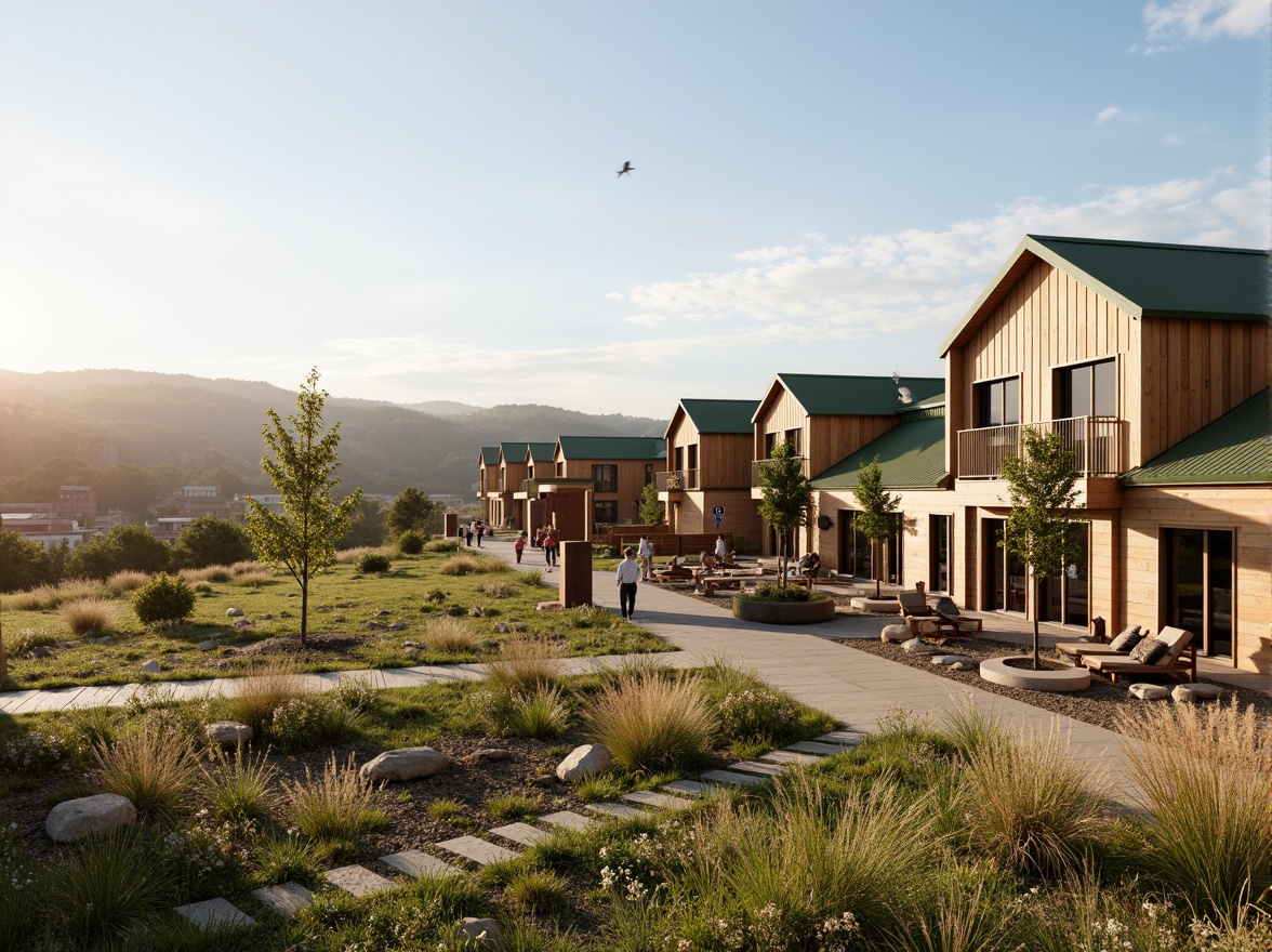 Prompt: Rustic rural community center, wooden accents, earthy tones, natural materials, open spaces, green roofs, solar panels, wind turbines, outdoor seating areas, walking trails, wildflowers, rolling hills, scenic vistas, warm sunny day, soft golden lighting, shallow depth of field, 3/4 composition, panoramic view, realistic textures, ambient occlusion.