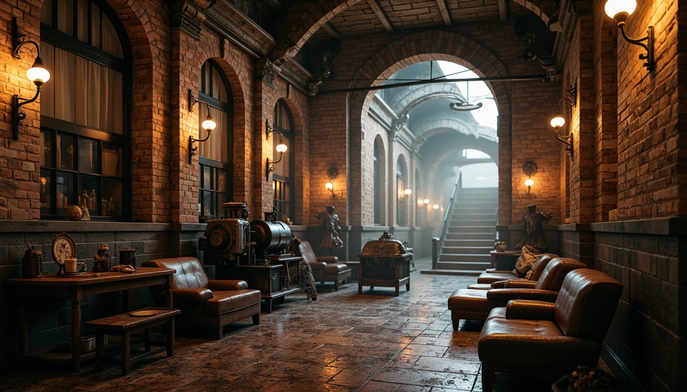 Prompt: Rustic stone walls, arched windows, ornate carvings, distressed metal accents, exposed brickwork, vintage machinery, industrial piping, reclaimed wood textures, worn leather furnishings, dimly lit corridors, atmospheric fog, warm golden lighting, shallow depth of field, 1/1 composition, realistic rusted metal, ambient occlusion.