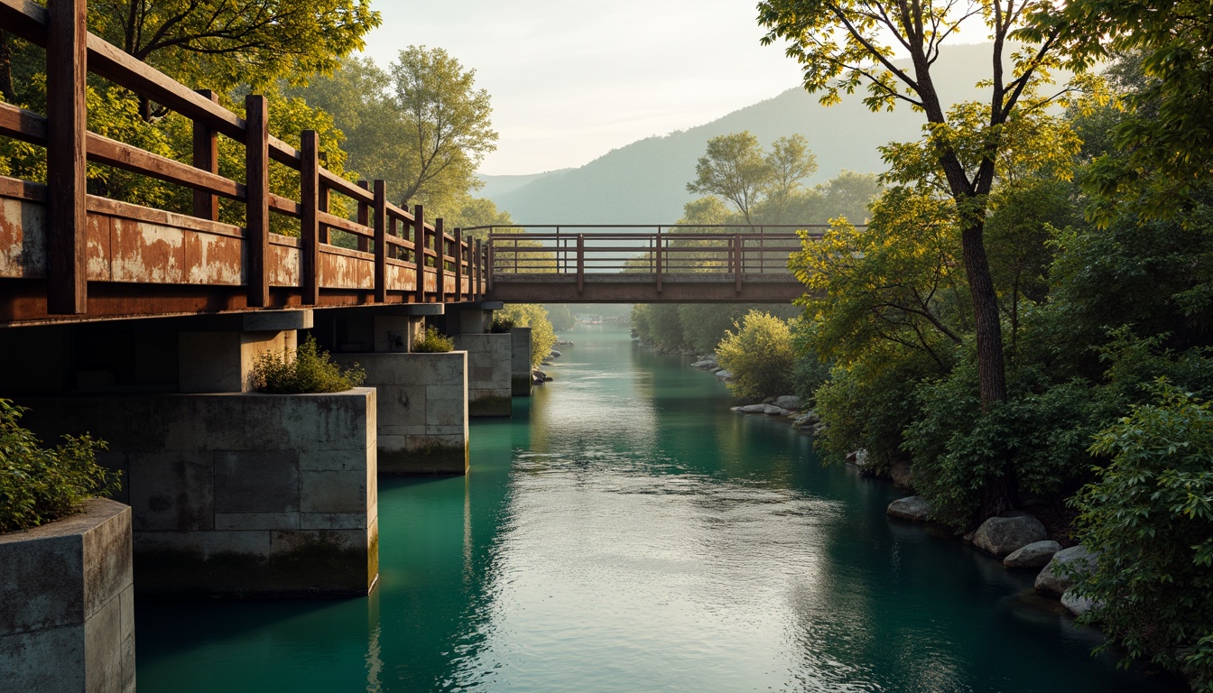 Prompt: Weathered steel bridges, rustic wooden railings, earthy brown stone piers, soft misty mornings, warm golden lighting, gentle water reflections, serene river scenery, lush greenery surroundings, vibrant turquoise accents, industrial metal textures, distressed concrete foundations, atmospheric perspective, 1/2 composition, moody color grading, cinematic depth of field.