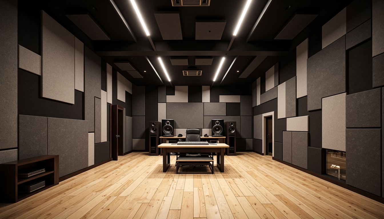 Prompt: Soundproof recording studio, acoustic panels, diffusers, absorbers, bass traps, professional audio equipment, high-ceilinged room, wooden flooring, minimal reverberation, optimal sound quality, precise sound wave control, 3D audio simulation, real-time audio processing, dynamic equalization, compression algorithms, ambient noise reduction, echo cancellation, surround sound setup, Dolby Atmos certification, cinematic sound design, immersive audio experience, futuristic interior design, LED lighting systems, sleek metal accents, minimalist decor.