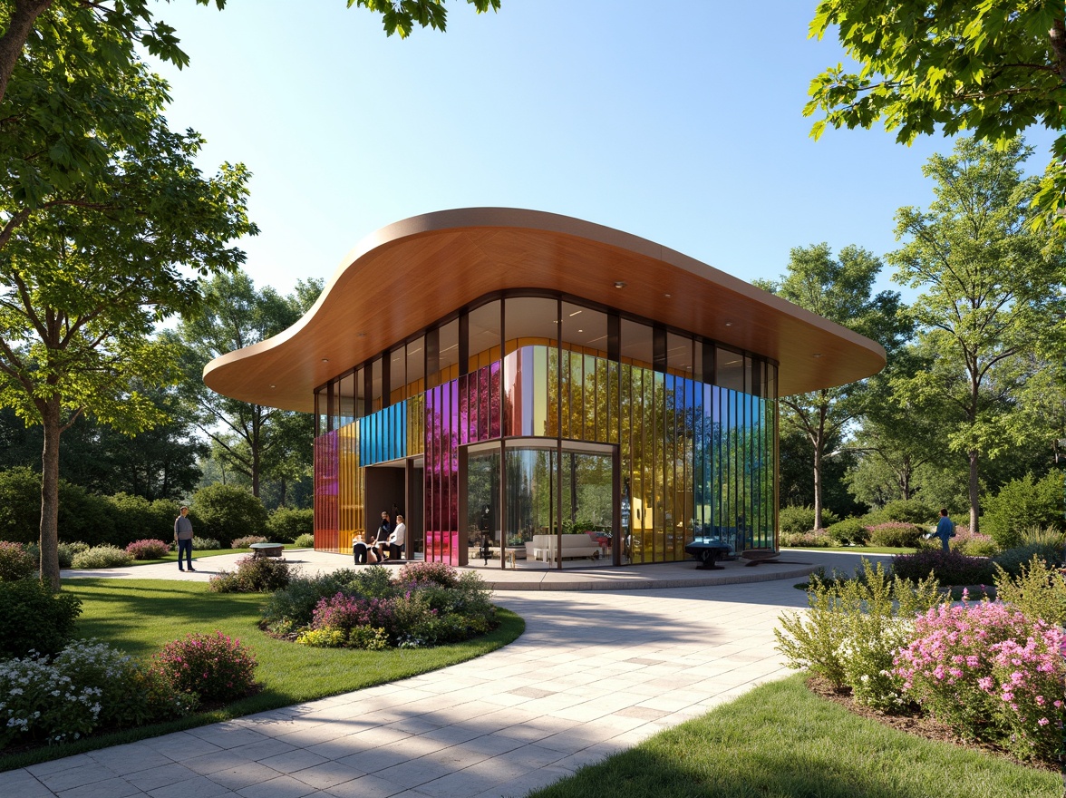 Prompt: Vibrant pavilion, dynamic curves, iridescent colors, shimmering glass fa\u00e7ade, reflective metal accents, warm wood tones, natural stone flooring, lush greenery surroundings, blooming flowers, sunny day, soft diffused lighting, 3/4 composition, panoramic view, realistic textures, ambient occlusion.