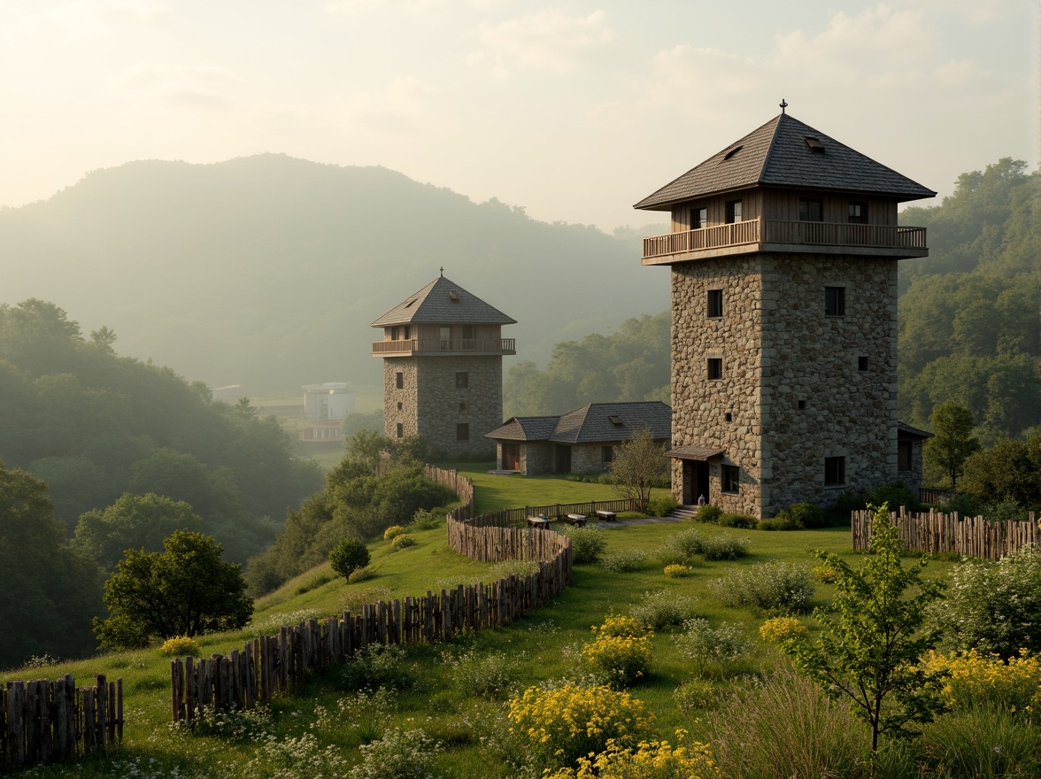 Prompt: Rustic watching towers, rugged stone walls, weathered wooden accents, verdant surrounding hills, rolling green meadows, wildflower fields, serene forest backgrounds, misty morning atmosphere, soft warm lighting, shallow depth of field, 3/4 composition, panoramic view, realistic textures, ambient occlusion.