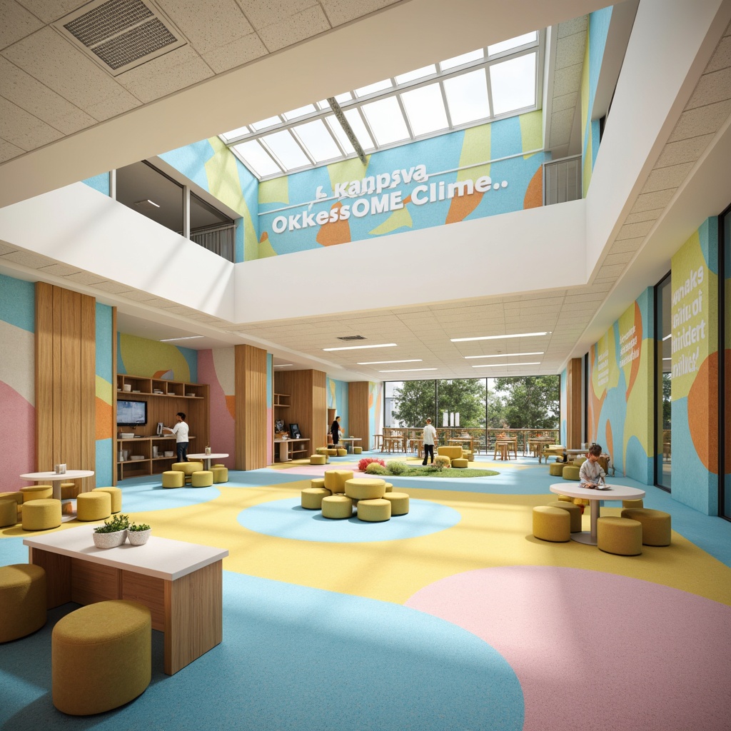 Prompt: Vibrant educational facility, pastel color palette, creamy whites, soothing blues, energetic yellows, warm beige tones, natural wood accents, playful patterns, inspirational quotes, motivational murals, collaborative learning spaces, modern furniture designs, abundant natural light, softbox lighting, shallow depth of field, 1/1 composition, realistic textures, ambient occlusion.