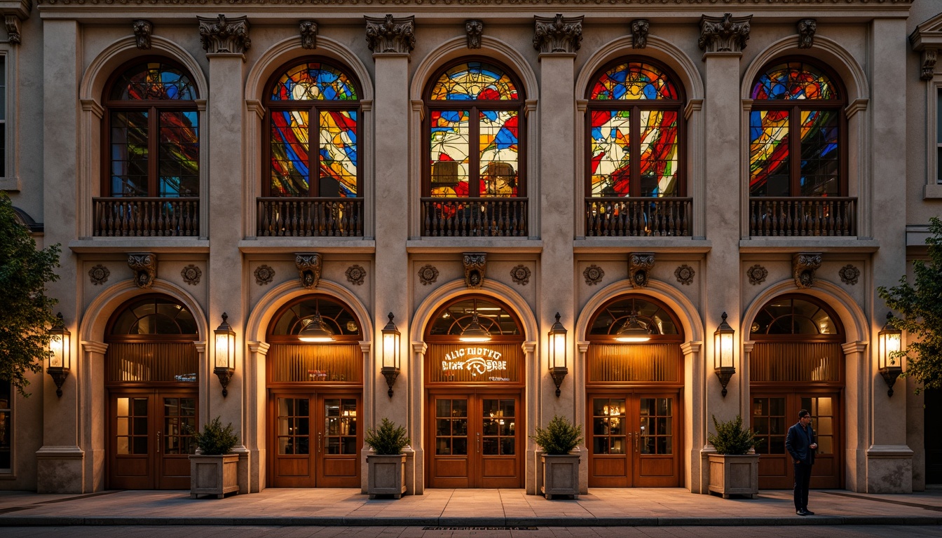 Prompt: Vibrant theater facade, ornate academic details, colored glass windows, stained glass patterns, grand entrance archways, marble columns, intricate stone carvings, bronze door handles, symmetrical composition, warm golden lighting, soft focus effect, shallow depth of field, 1/2 composition, realistic textures, ambient occlusion, cultural heritage inspiration, elegant architectural lines, sophisticated dramatic flair.