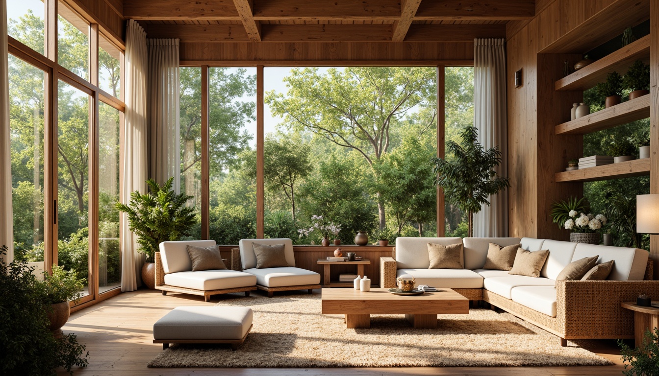 Prompt: Vibrant living room, floor-to-ceiling windows, natural wood accents, plush greenery, woven rattan furniture, earthy color palette, soft warm lighting, gentle shadows, minimal ornamentation, functional spaces, modern interior design, cozy reading nooks, built-in shelving, sheer curtains, airy atmosphere, calming ambiance, 1/1 composition, high-key lighting, subtle texture details.