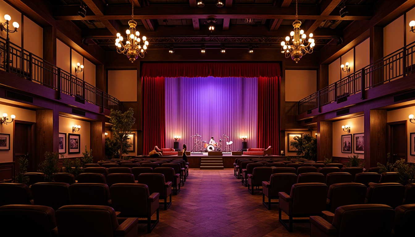 Prompt: Intimate music venue, dimly lit atmosphere, rich wood tones, velvet curtains, ornate chandeliers, elevated stage, proscenium arch, comfortable seating, luxurious upholstery, soundproofing materials, acoustic panels, state-of-the-art audio equipment, professional lighting rigs, dynamic color schemes, dramatic spotlights, high ceilings, open floor plans, flexible seating arrangements, VIP areas, merchandise booths, concession stands, iconic music memorabilia, nostalgic decor, retro-inspired accents, warm ambiance, soft warm lighting, shallow depth of field, 3/4 composition, panoramic view, realistic textures, ambient occlusion.