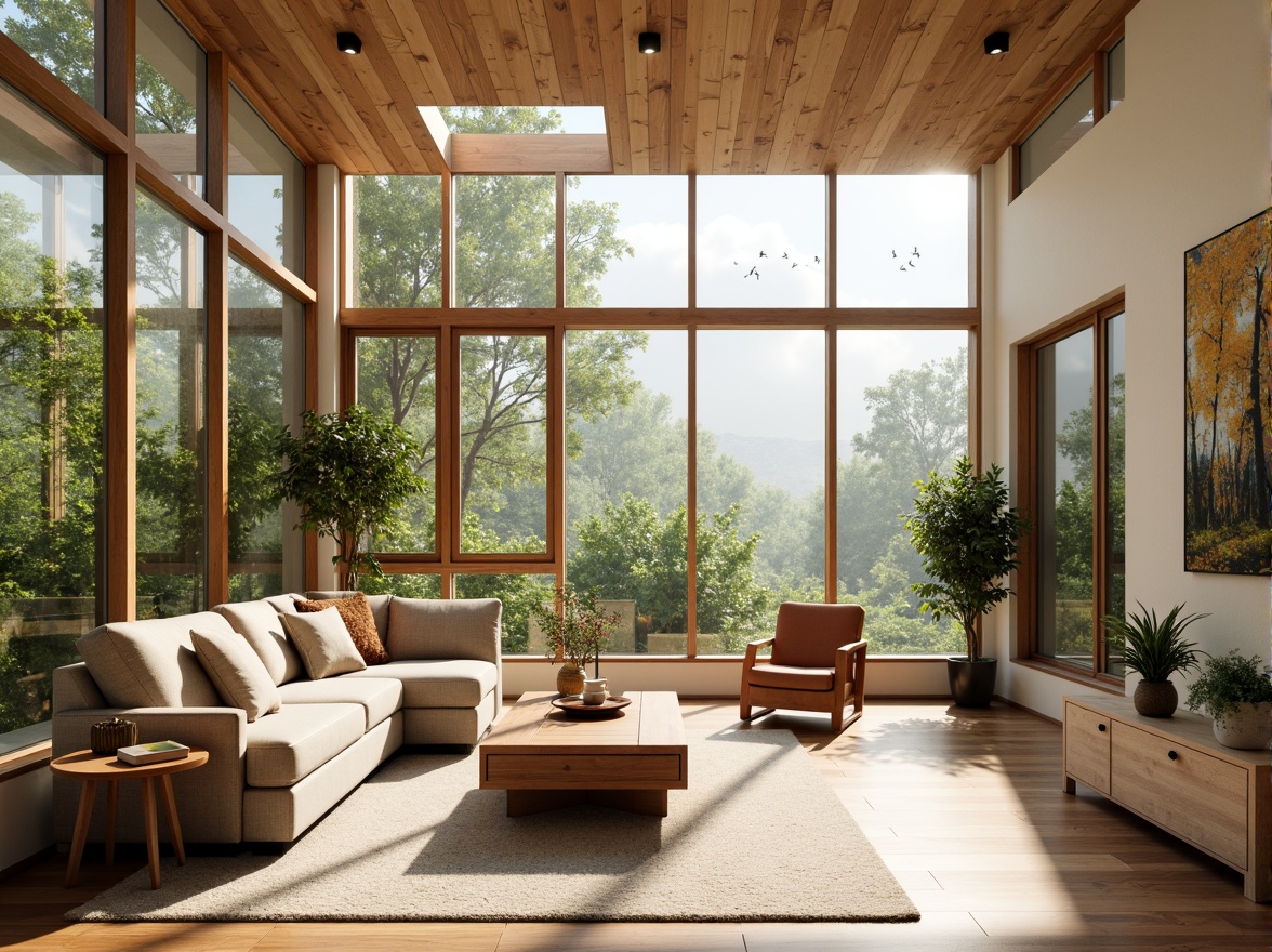 Prompt: Cozy living room, large windows, soft warm lighting, minimal window treatments, reflective surfaces, light-colored walls, clerestory windows, skylights, solar tubes, open floor plans, airy spaces, natural textures, reclaimed wood accents, earthy color palette, lush greenery views, sunny day, shallow depth of field, 1/1 composition, panoramic view, realistic materials, ambient occlusion.