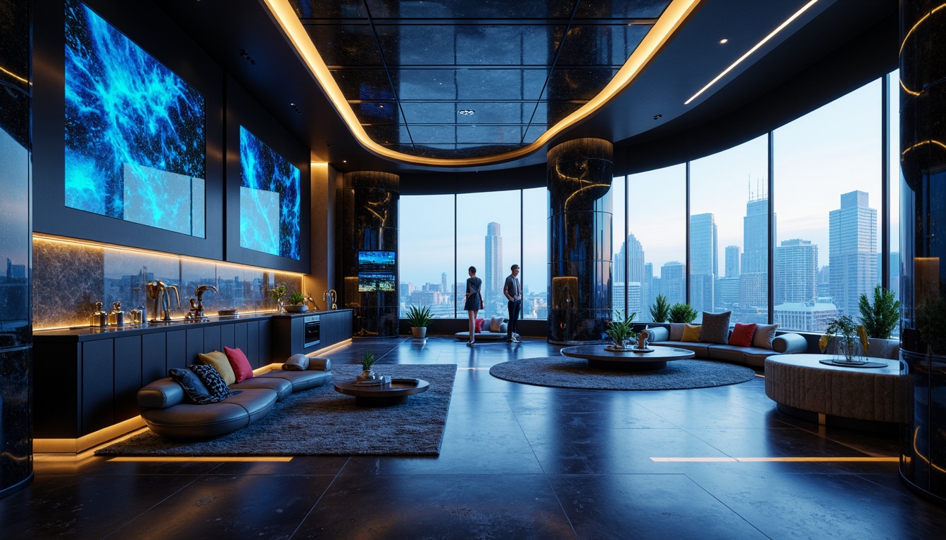 Prompt: Futuristic interior design, granite countertops, metallic accents, sleek lines, minimalist decor, ambient lighting, 3/4 composition, shallow depth of field, high-tech appliances, modern furniture, low-poly geometry, neon-lit cityscape, urban skyscrapers, holographic displays, cyberpunk atmosphere, neon-colored glass walls, iridescent fabrics, futuristic architecture, curved lines, avant-garde style, luxurious amenities.