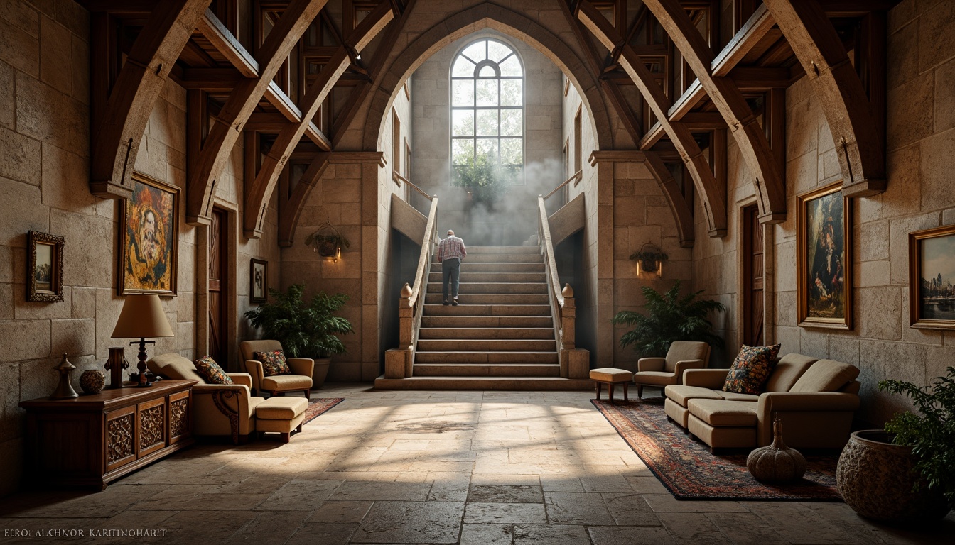 Prompt: Ancient stone walls, rustic archways, grandiose vaulted ceilings, ornate capitals, robust columns, intricate carvings, weathered stone textures, warm earthy tones, soft diffused lighting, atmospheric mist, mystical ambiance, sacred relics, antique furnishings, rich tapestries, ornamental metalwork, grand staircases, imposing fa\u00e7ades, symmetrical compositions, 1/2 perspective view, realistic renderings, cinematic atmosphere.