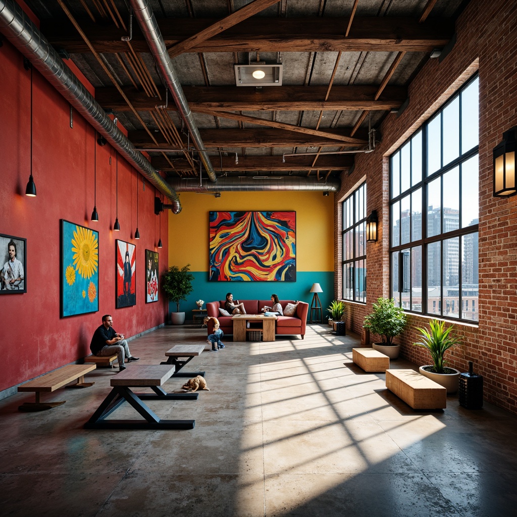 Prompt: Industrial chic gym space, exposed brick walls, metallic beams, bold primary colors, dynamic geometric patterns, abstract art installations, reclaimed wood accents, distressed concrete floors, minimalist lighting fixtures, functional equipment layouts, high-ceilinged open spaces, urban cityscape views, natural light pouring in, warm tone lighting, shallow depth of field, 2/3 composition, dramatic shadows, realistic textures.