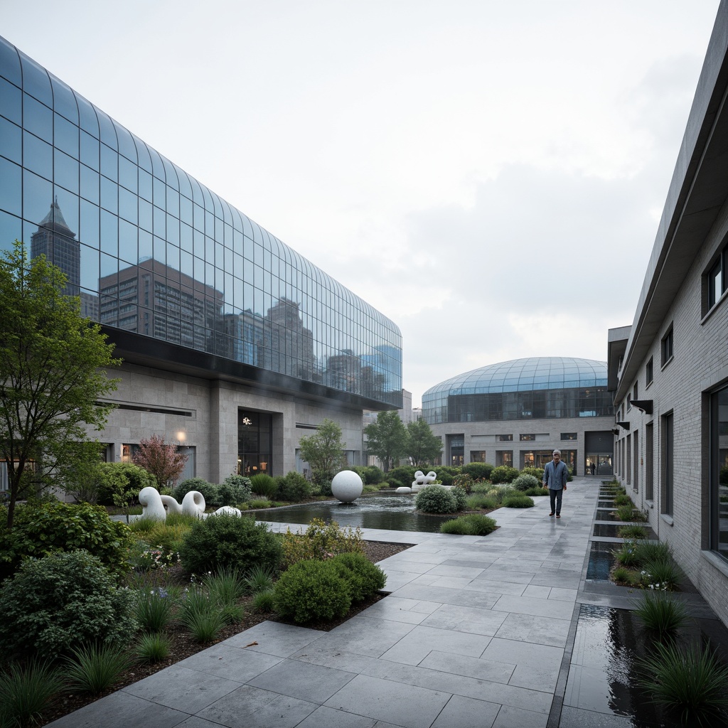 Prompt: Solemn memorial center, curved glass facade, reflective steel surfaces, cantilevered roofs, asymmetrical structures, natural stone walls, water features, peaceful gardens, serene walkways, subtle lighting, misty atmosphere, shallow depth of field, 1/2 composition, panoramic view, realistic textures, ambient occlusion, modern minimalist architecture, sustainable building materials, green roofs, innovative glazing systems, futuristic aesthetic, abstract sculptures, commemorative plaques, gentle waterfalls, lush vegetation, cloudy sky.