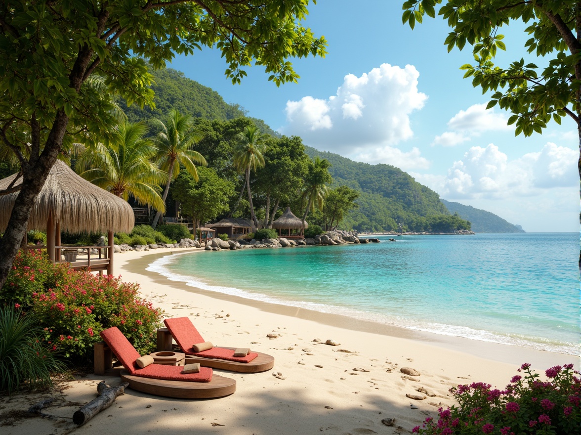 Prompt: Vibrant tropical island, lush green foliage, exotic flowers, warm sandy beaches, crystal-clear turquoise waters, rustic driftwood, woven textiles, natural materials, earthy terracotta, soothing pastel hues, soft warm lighting, shallow depth of field, 1/2 composition, realistic textures, ambient occlusion.