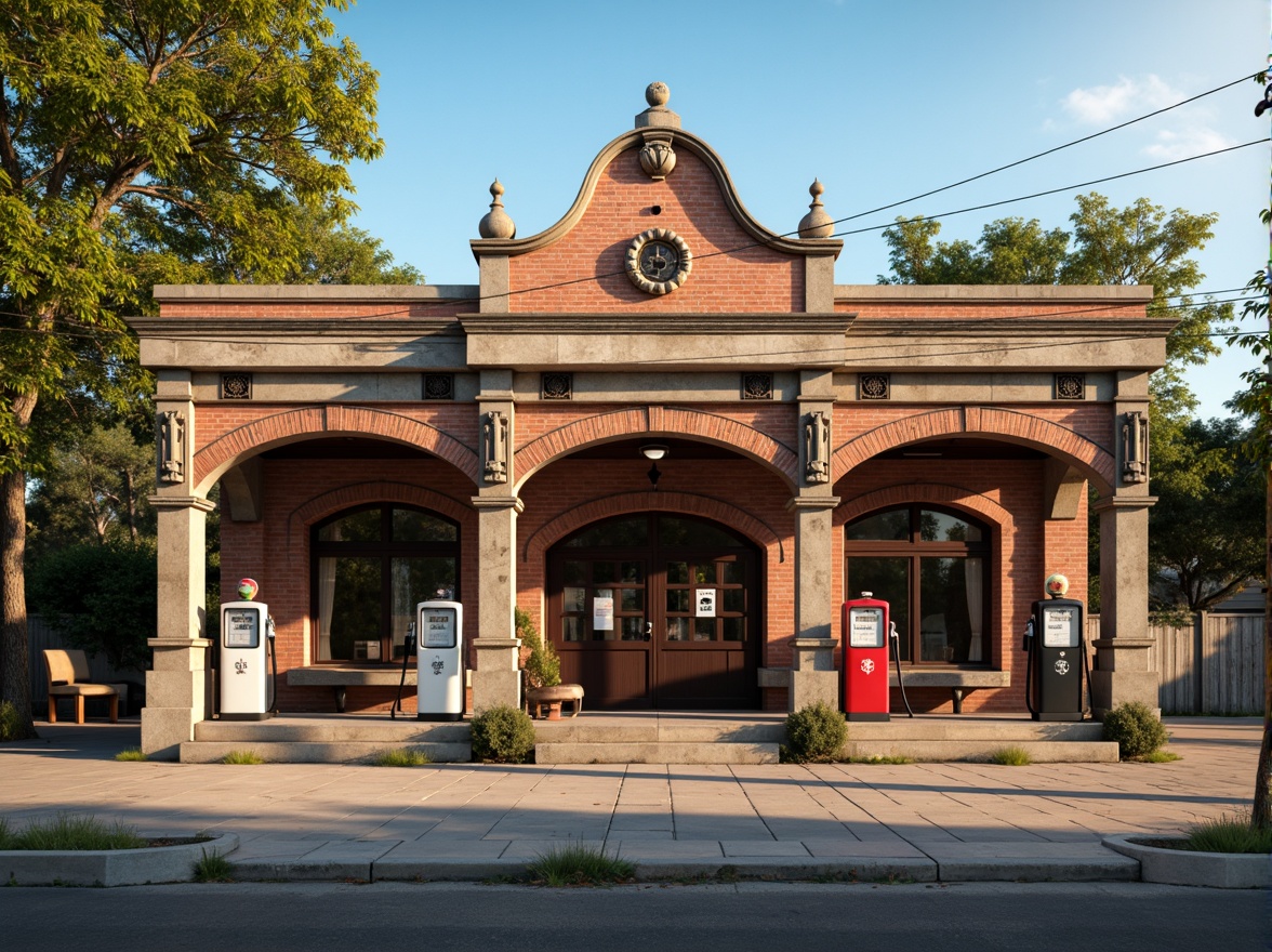 Prompt: Rustic gas station, Romanesque rooflines, ornate stone carvings, arched windows, decorative columns, worn brick facades, vintage fuel pumps, retro-style signage, nostalgic color scheme, warm afternoon sunlight, soft shadows, shallow depth of field, 1/2 composition, realistic textures, ambient occlusion.