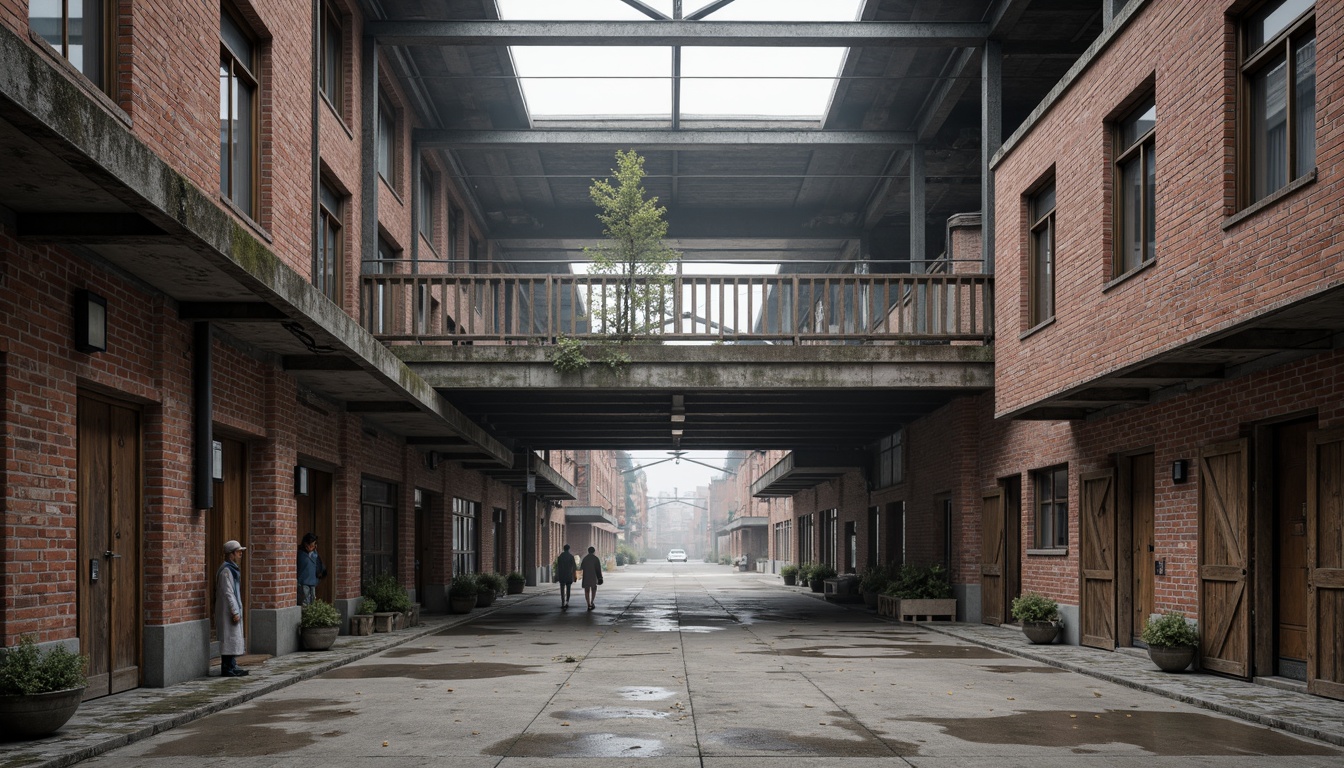 Prompt: Industrial warehouse facade, exposed brick walls, steel beams, metal cladding, corrugated roofs, rustic wooden doors, vintage industrial windows, concrete floors, urban cityscape, morning misty atmosphere, soft diffused lighting, shallow depth of field, 1/1 composition, realistic textures, ambient occlusion.