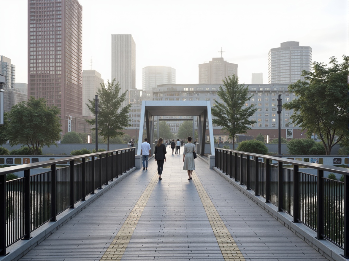 Prompt: Accessible pedestrian bridge, gentle slopes, wide walkways, wheelchair ramps, handrails, tactile markings, audible signals, Braille signage, elevators, stairlifts, wide gates, automatic doors, adaptive lighting, high-contrast colors, accessible restrooms, emergency phone systems, textured surfaces, safety fencing, crash barriers, urban landscape, city skyline, morning mist, soft natural light, 1/2 composition, medium depth of field, realistic reflections.