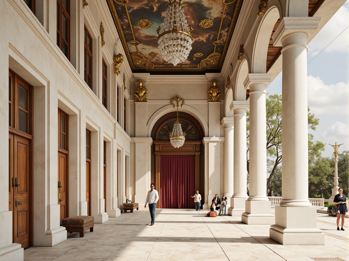 Prompt: Majestic neoclassical building, ivory white marble columns, ornate golden details, soft beige stone walls, grandiose entrance archways, symmetrical fa\u00e7ade composition, elegant pilasters, refined ornamental motifs, subtle cream-colored stucco, warm honey-toned wood accents, polished bronze hardware, lavish crystal chandeliers, opulent velvet drapes, intricate fresco ceiling paintings, natural light-filled interior spaces, subtle gradient shadows, 1/2 composition, realistic material textures, ambient occlusion.