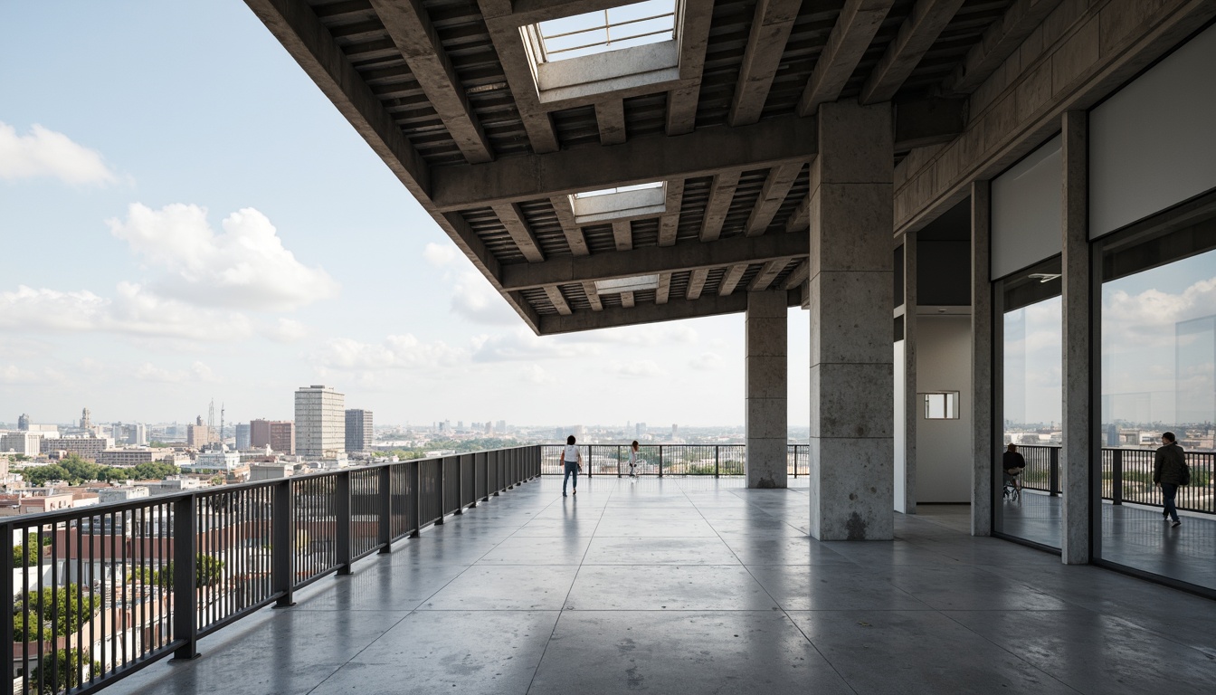 Prompt: Modernist building, exposed steel beams, concrete columns, minimalist aesthetic, industrial chic, urban landscape, city skyline, geometric patterns, angular lines, cantilevered roofs, floor-to-ceiling windows, sleek metal railings, polished concrete floors, natural light pouring in, shallow depth of field, 3/4 composition, panoramic view, realistic textures, ambient occlusion.