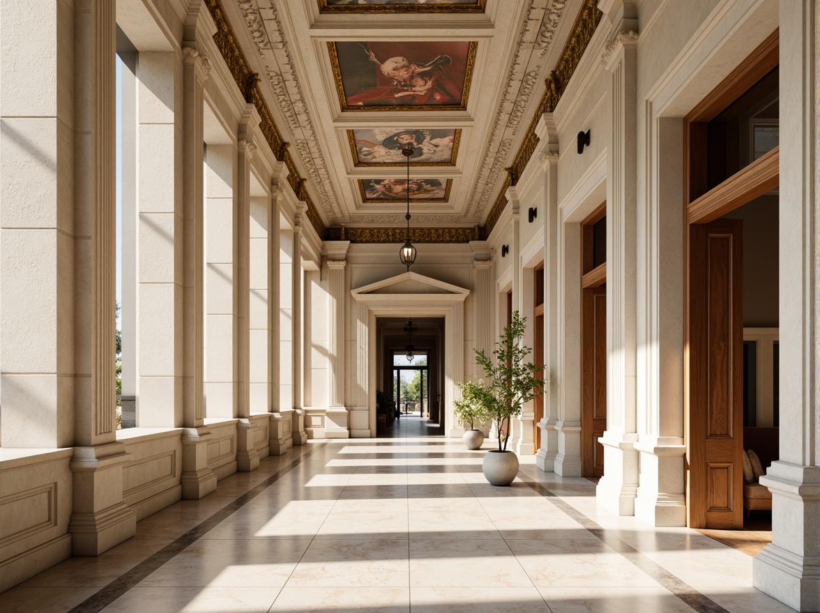 Prompt: Elegant neoclassical fa\u00e7ade, cream-colored stone walls, ornate columns, carved marble details, subtle golden accents, soft ivory hues, rich walnut wood tones, muted earthy reds, dusty blues, ornamental moldings, intricate frescoes, grand entranceways, symmetrical compositions, natural light pouring in, warm afternoon ambiance, shallow depth of field, 1/2 composition, realistic textures, ambient occlusion.