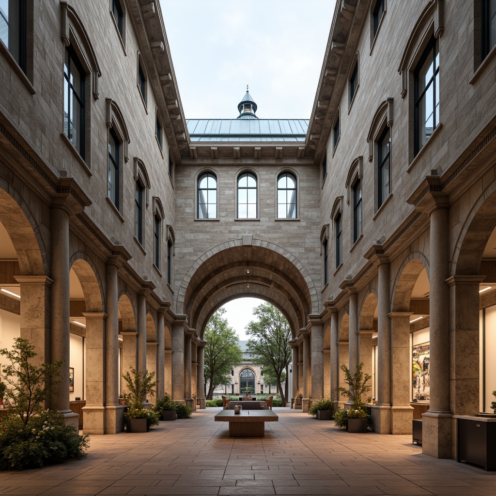 Prompt: Traditional academic architecture, stone fa\u00e7ade, arched windows, ornate details, copper roofing, grand entrance, symmetrical composition, elegant columns, subtle color palette, muted tones, natural light pouring in, high ceilings, spacious interior, state-of-the-art laboratories, advanced scientific equipment, modern amenities, collaboration spaces, open floor plans, minimalist furniture, polished wooden floors, soft warm lighting, 1/2 composition, realistic textures, ambient occlusion.