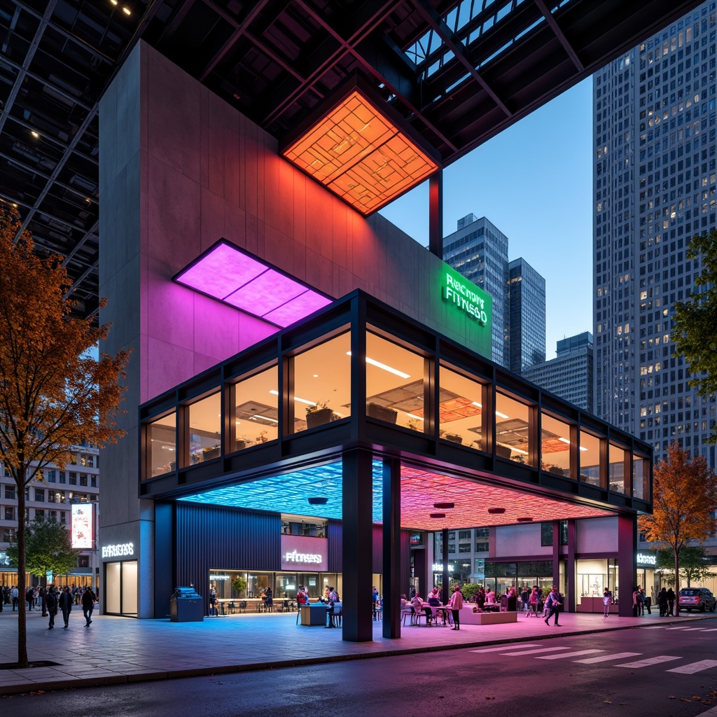 Prompt: Geometric fitness club, bold color blocking, dynamic shapes, industrial materials, metal beams, concrete walls, angular windows, minimalist decor, futuristic atmosphere, high-tech equipment, neon lighting, urban cityscape, busy streets, modern skyscrapers, 1/1 composition, low-angle shot, dramatic shadows, ambient occlusion.