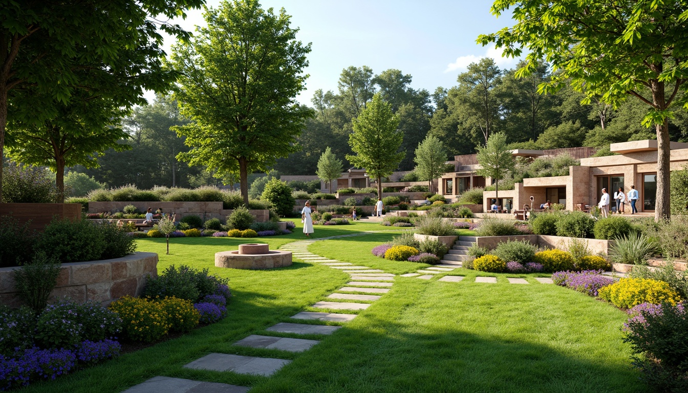 Prompt: Lush green lawns, vibrant flowers, meandering pathways, rustic stone walls, wooden benches, serene water features, modern sculptures, eclectic planters, tiered gardens, natural rock formations, dramatic lighting, shallow depth of field, 3/4 composition, panoramic view, realistic textures, ambient occlusion.