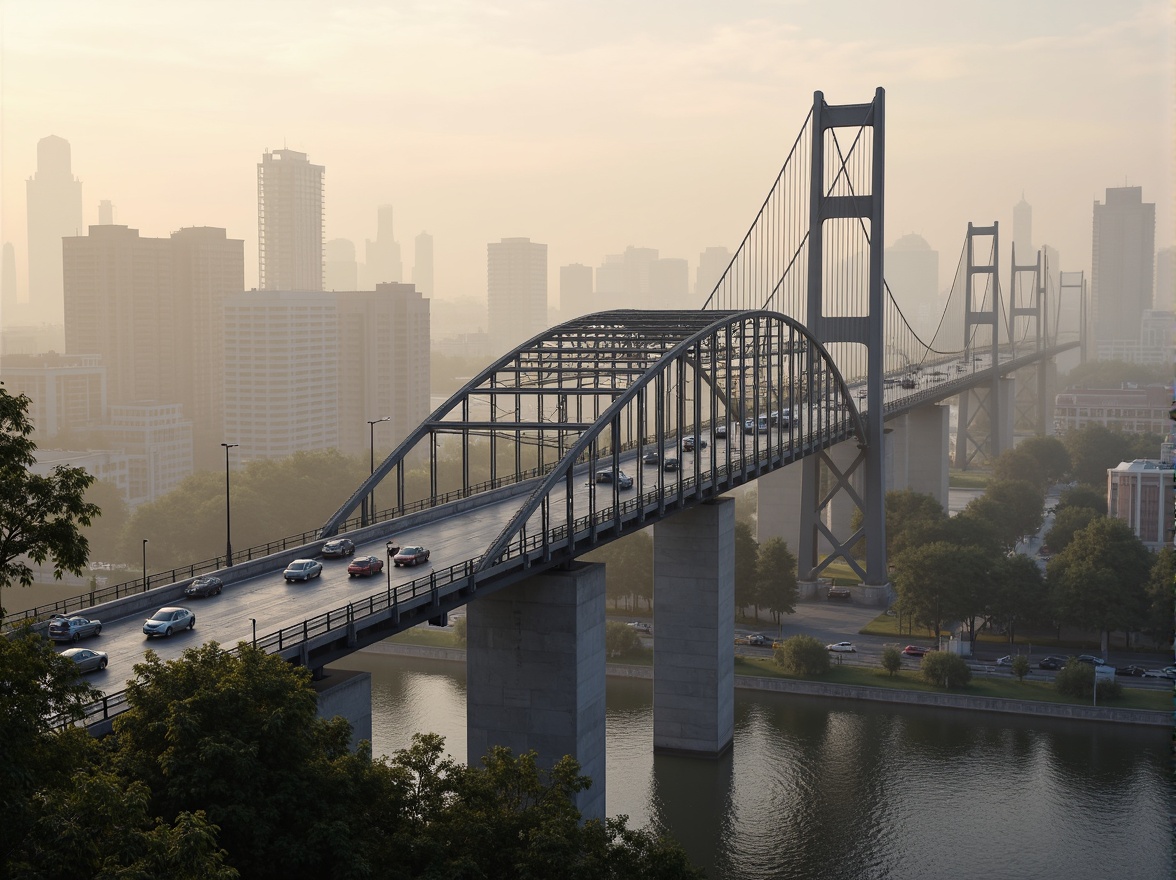 Prompt: Vehicular bridge, modern infrastructure, steel beams, reinforced concrete pillars, suspension cables, arched structure, urban landscape, city skyline, busy traffic, misty morning, soft warm lighting, shallow depth of field, 1/2 composition, realistic textures, ambient occlusion, metallic materials, industrial design, functional aesthetics, safety features, load-bearing capacity, durability testing.