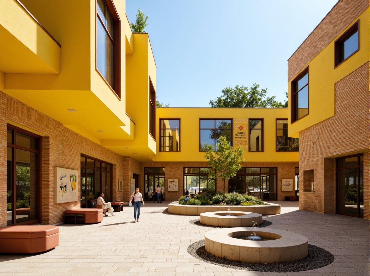 Prompt: Vibrant yellow walls, geometric patterned bricks, cantilevered rooflines, asymmetrical facade composition, large windows with metal frames, minimalist ornamentation, bold color accents, dynamic angular lines, constructivist-inspired murals, outdoor learning spaces, shaded courtyard, educational signage, natural stone flooring, playful fountain features, sunny day lighting, soft warm ambiance, 1/1 composition, realistic textures, ambient occlusion.