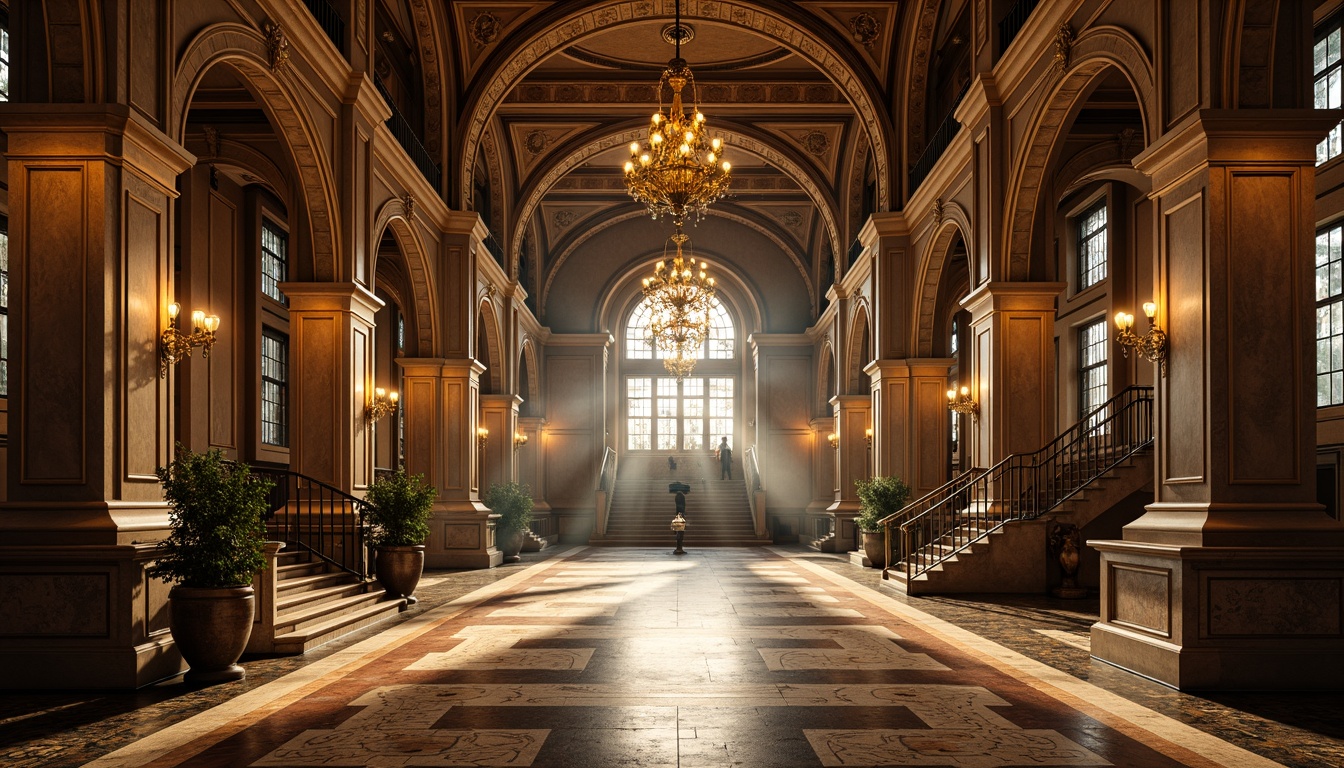 Prompt: Majestic high school building, Byzantine architectural style, grand arches, ornate columns, intricate mosaics, richly patterned floors, lavish chandeliers, stained glass windows, regal entrance hallways, sweeping staircases, warm golden lighting, atmospheric shadows, 1/1 composition, symmetrical framing, dramatic depth of field, realistic textures, ambient occlusion.