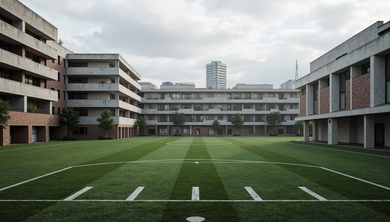 Prompt: Rugged sports fields, brutalist architecture, concrete structures, fortress-like buildings, bold geometric shapes, raw textures, industrial materials, exposed ductwork, functional design, minimal ornamentation, dramatic scale, urban context, overcast sky, harsh lighting, high-contrast shadows, dynamic camera angles, cinematic composition, gritty realistic render.