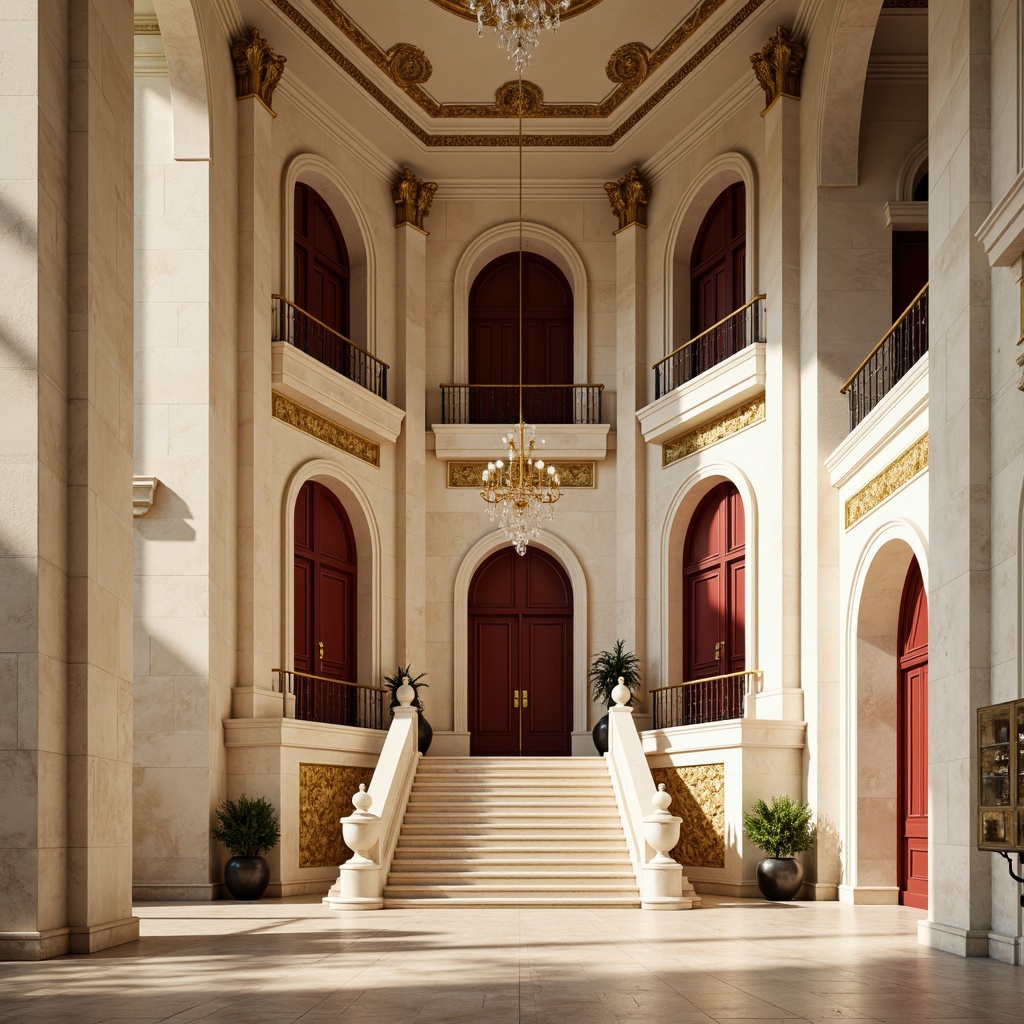 Prompt: Majestic neoclassical building, creamy white marble columns, ornate gold accents, rich burgundy red doors, soft beige stone walls, elegant curved archways, intricate stucco details, subtle earthy tones, majestic grand staircase, crystal chandeliers, warm golden lighting, high contrast shadows, 1/1 composition, symmetrical framing, realistic textures, ambient occlusion.