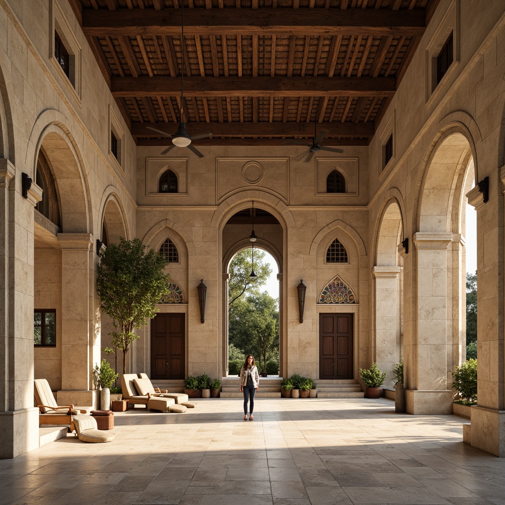 Prompt: Rustic archways, weathered stone walls, ornate carvings, grand entrance halls, vaulted ceilings, ribbed domes, stained glass windows, intricate mosaics, ornamental columns, rounded doorways, warm beige color scheme, natural stone flooring, soft diffused lighting, subtle shadows, 1/1 composition, intimate framing, realistic textures, ambient occlusion.