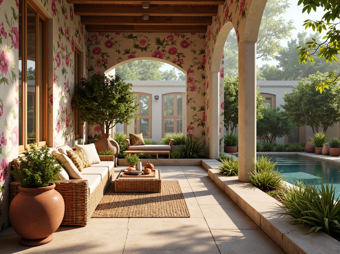 Prompt: Vibrant floral patterns, soft pastel hues, gentle warm lighting, natural wood textures, woven rattan furniture, earthy terracotta pots, lush greenery, calming water features, serene ambiance, 3/4 composition, panoramic view, realistic textures, ambient occlusion.