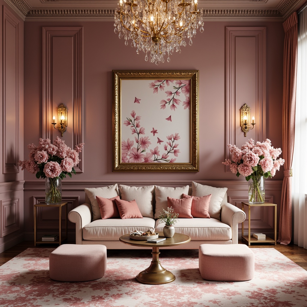 Prompt: Rich mauve hues, soft blush tones, warm beige accents, luxurious velvet textures, ornate golden frames, elegant crystal chandeliers, lavish floral patterns, whimsical watercolor illustrations, dreamy ethereal ambiance, softbox lighting, 1/1 composition, intimate close-up shots, subtle gradient transitions, realistic fabric simulations.