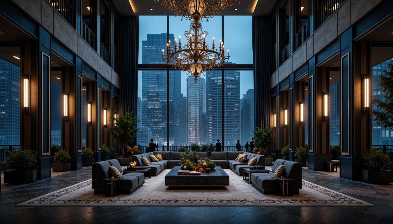 Prompt: Moody atmospheric skyscrapers, Prussian blue accent walls, ornate bronze details, rich velvet furnishings, luxurious marble floors, dramatic high ceilings, grand chandeliers, lavish gold trimmings, mystical nighttime ambiance, soft misty lighting, cinematic composition, shallow depth of field, 1/1 ratio framing, realistic reflections, ambient occlusion.