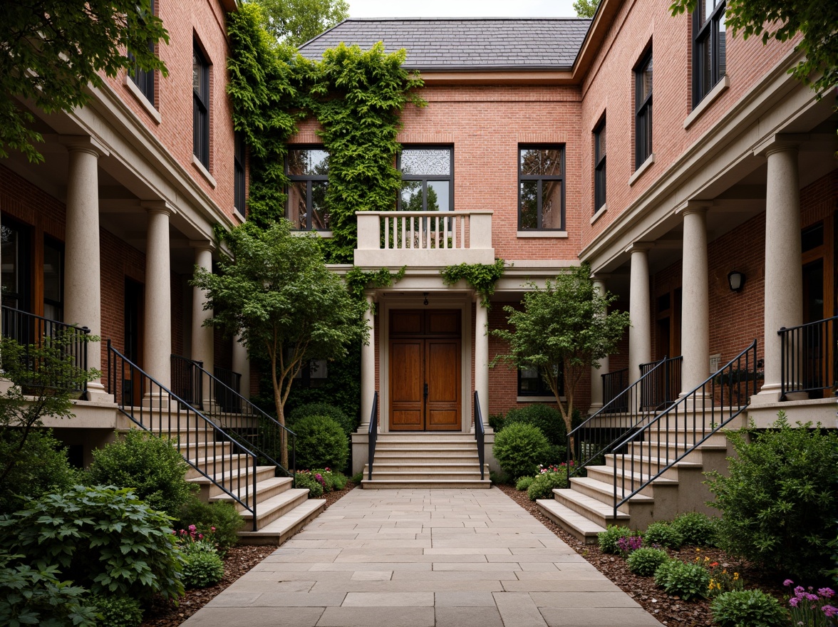 Prompt: Rustic brick facade, classic columns, symmetrical architecture, ivy-covered walls, large stone entrance, ornate wooden doors, stained glass windows, intricate metal railings, lush greenery, vibrant flowers, modern laboratory equipment, sleek scientific instruments, minimalist interior design, abundant natural light, warm soft lighting, shallow depth of field, 3/4 composition, panoramic view, realistic textures, ambient occlusion.